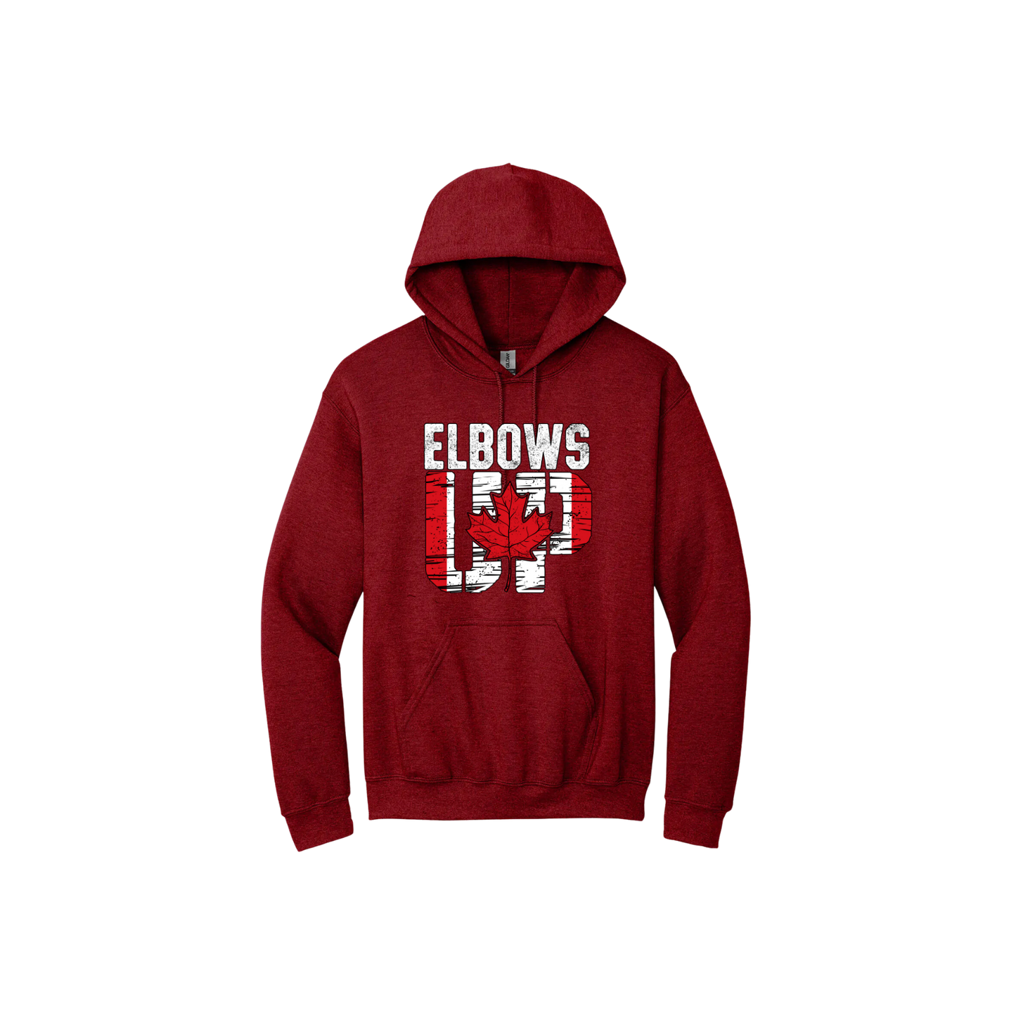 Red unisex hoodie featuring text that reads 'Elbows Up' with a red maple leaf in the center of 'Up' and the Canadian flag within the 'Up'.