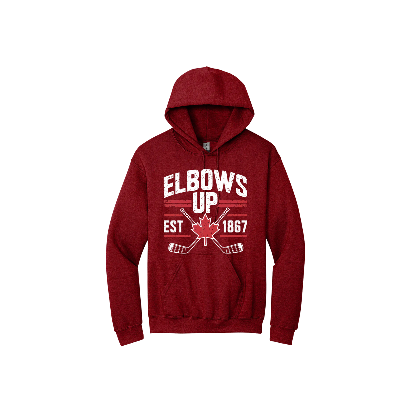 Red unisex hoodie with text that reads 'Elbows up est. 1867' and features maple leaf in the center, and hockey stick graphics.