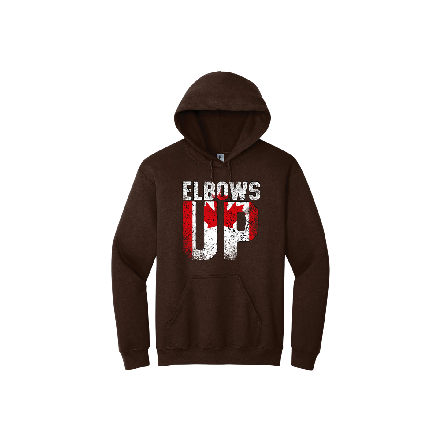 Brown unisex hoodie featuring text that reads 'Elbows Up'. The text is overlayed with the Canadian flag.