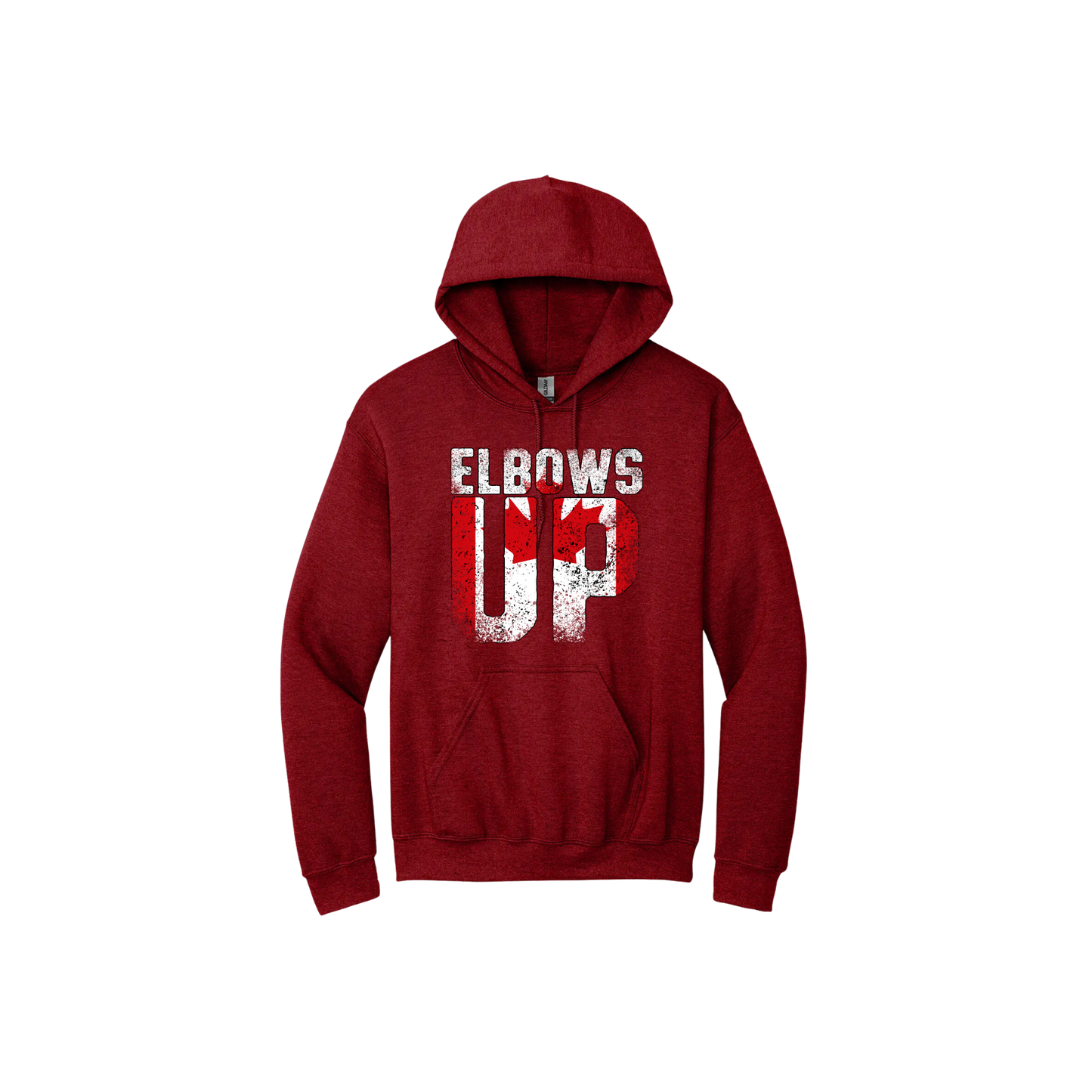 Red unisex hoodie featuring text that reads 'Elbows Up'. The text is overlayed with the Canadian flag.
