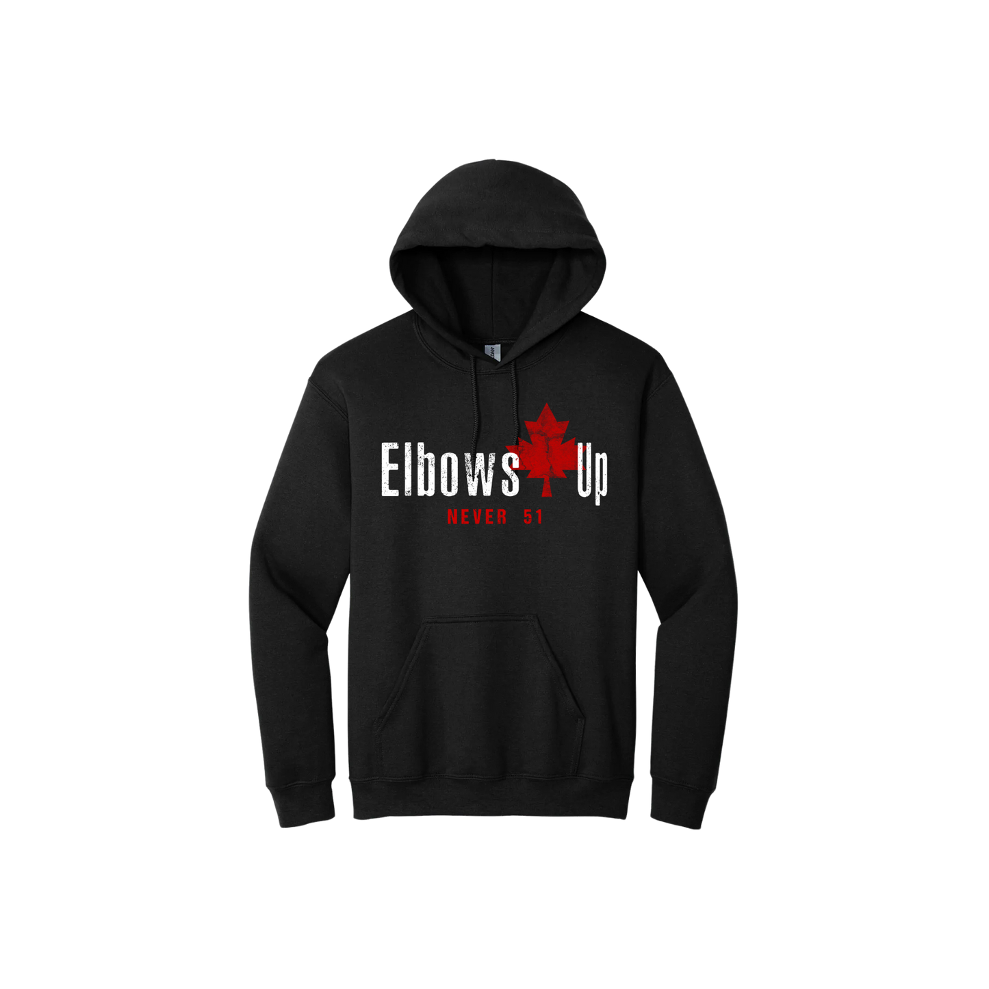 Black unisex hoodie featuring text that reads 'Elbows Up Never 51' featuring a red Maple leaf.