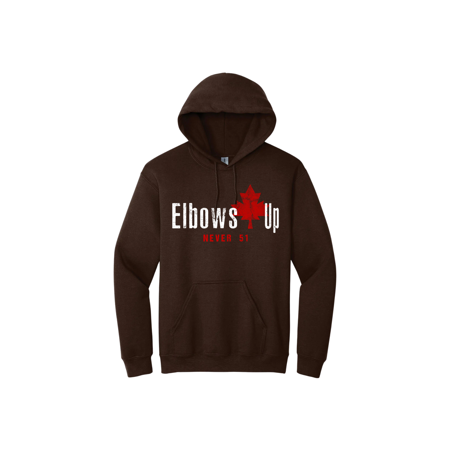 Brown unisex hoodie featuring text that reads 'Elbows Up Never 51' featuring a red Maple leaf.