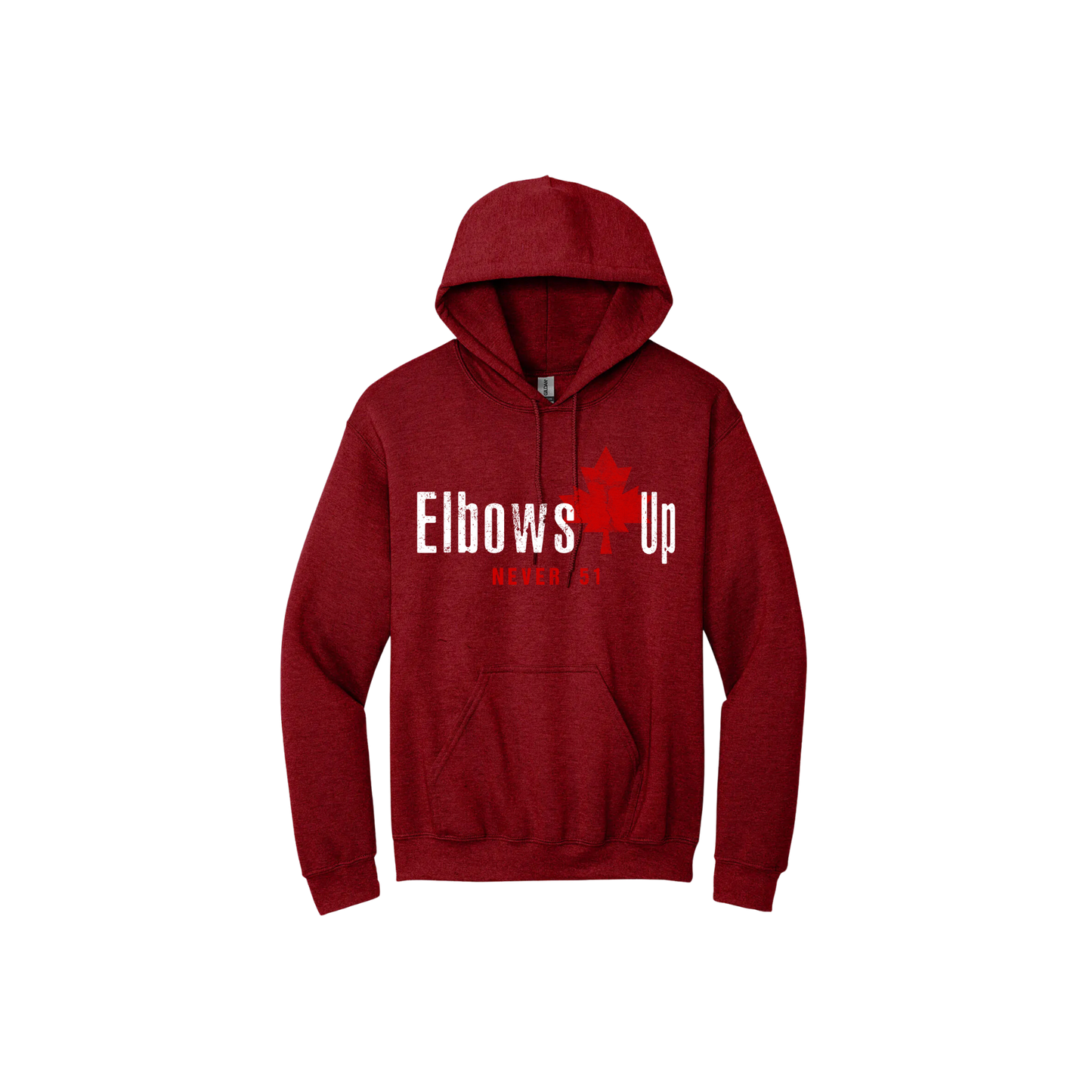 Red unisex hoodie featuring text that reads 'Elbows Up Never 51' featuring a red Maple leaf.