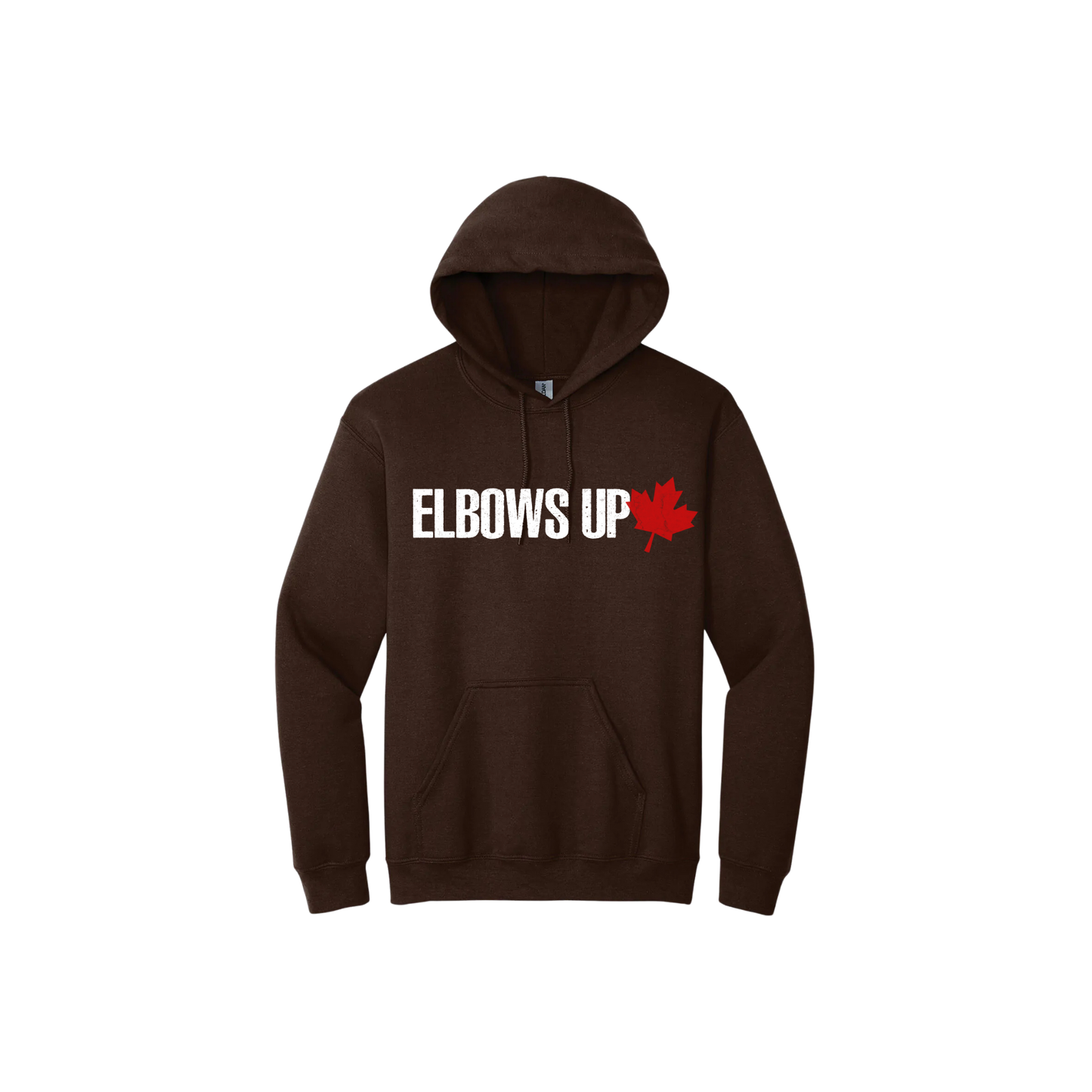 Brown unisex hoodie featuring text that reads 'Elbows Up' along side a red Canadian Maple leaf.