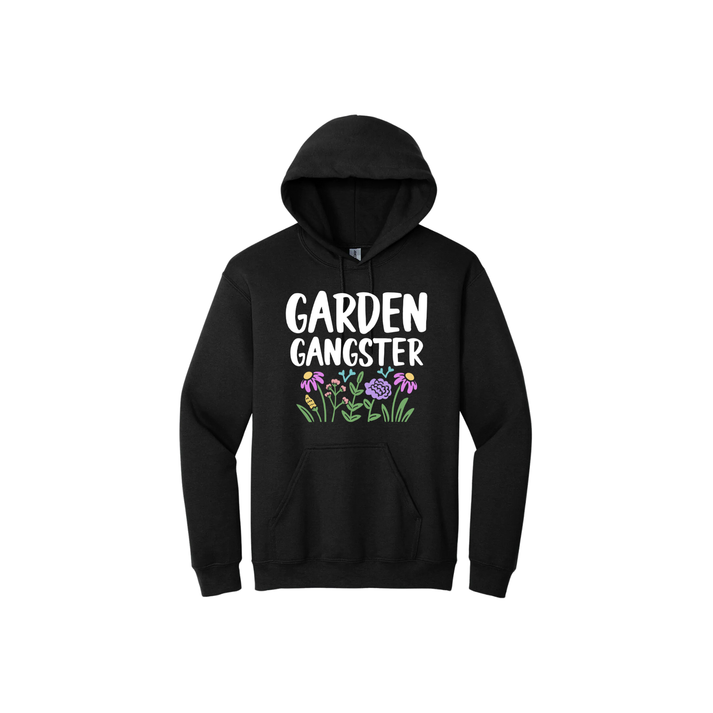 Black unisex hoodie with white text reading 'Garden Gangster' with graphics of flowers underneath.
