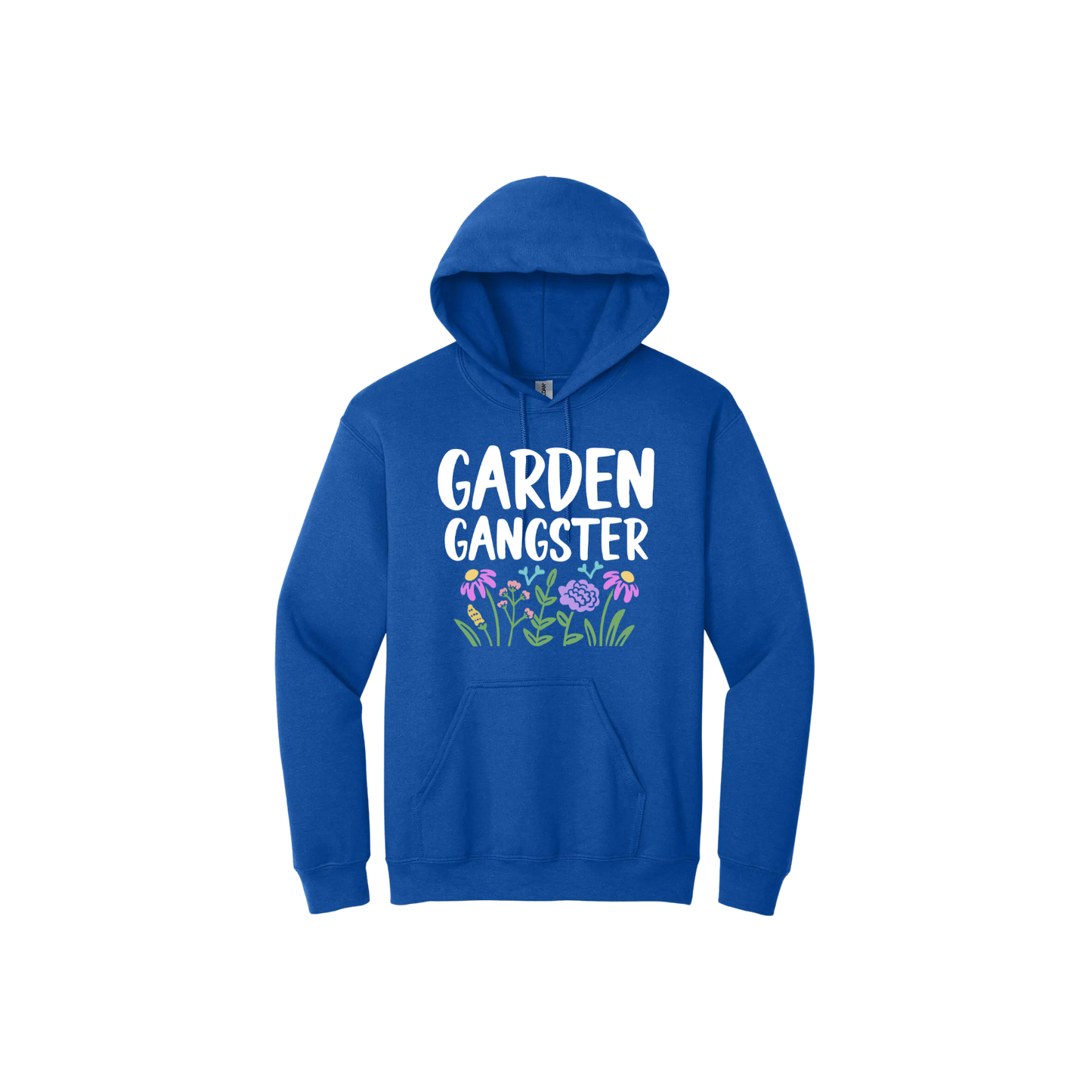 Blue unisex hoodie with white text reading 'Garden Gangster' with graphics of flowers underneath.