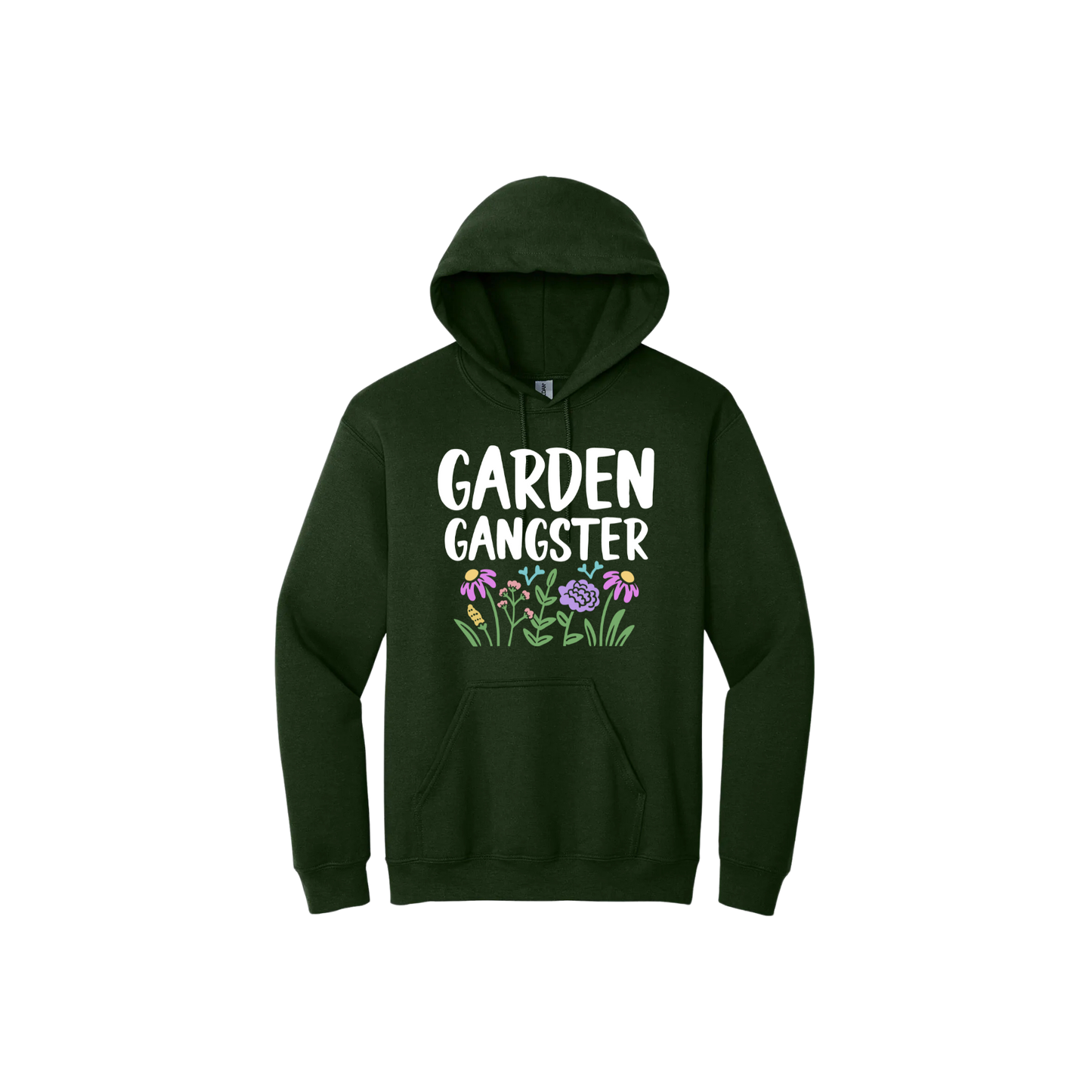 Green unisex hoodie with white text reading 'Garden Gangster' with graphics of flowers underneath.