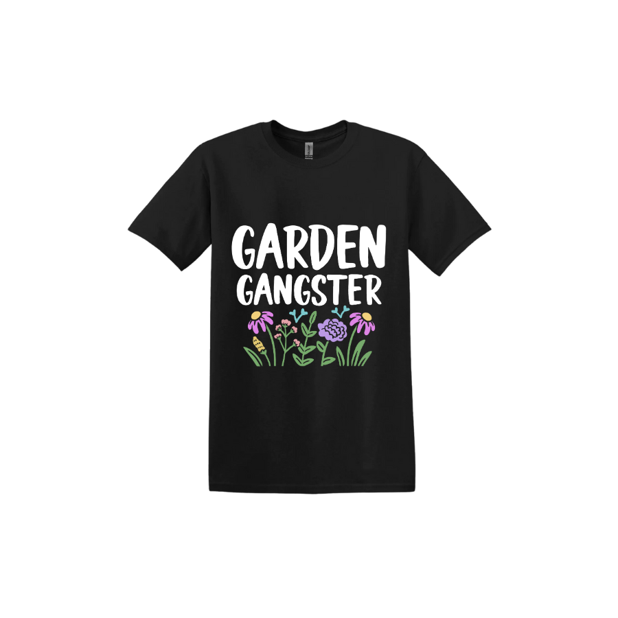 Black unisex tshirt with white text reading 'Garden Gangster' with graphics of flowers underneath.