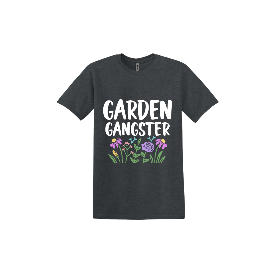 Dark heather unisex tshirt with white text reading 'Garden Gangster' with graphics of flowers underneath.