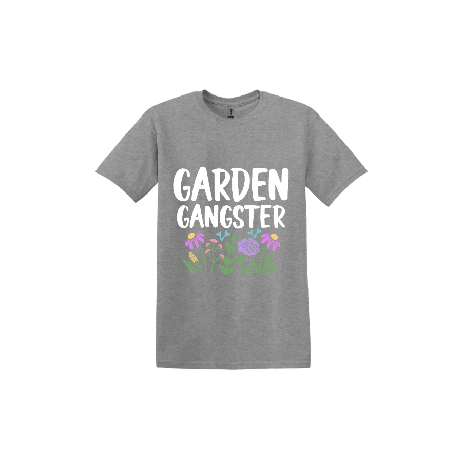 Graphite unisex tshirt with white text reading 'Garden Gangster' with graphics of flowers underneath.