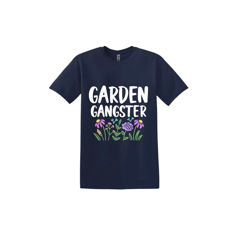 Navy unisex tshirt with white text reading 'Garden Gangster' with graphics of flowers underneath.