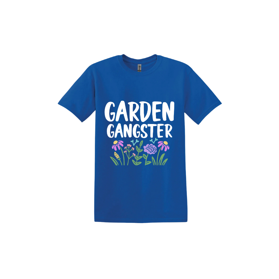 Royal blue unisex tshirt with white text reading 'Garden Gangster' with graphics of flowers underneath.