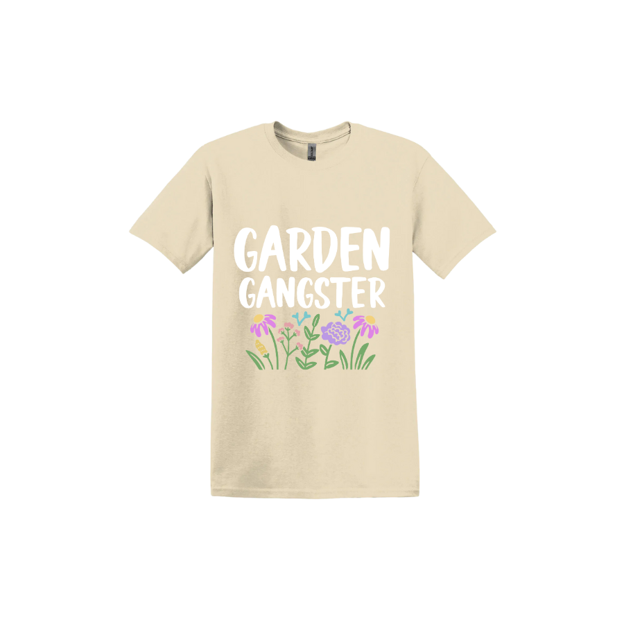 Sand unisex tshirt with white text reading 'Garden Gangster' with graphics of flowers underneath.