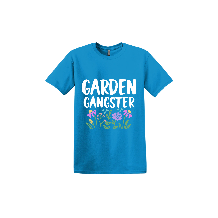 Sapphire unisex tshirt with white text reading 'Garden Gangster' with graphics of flowers underneath.
