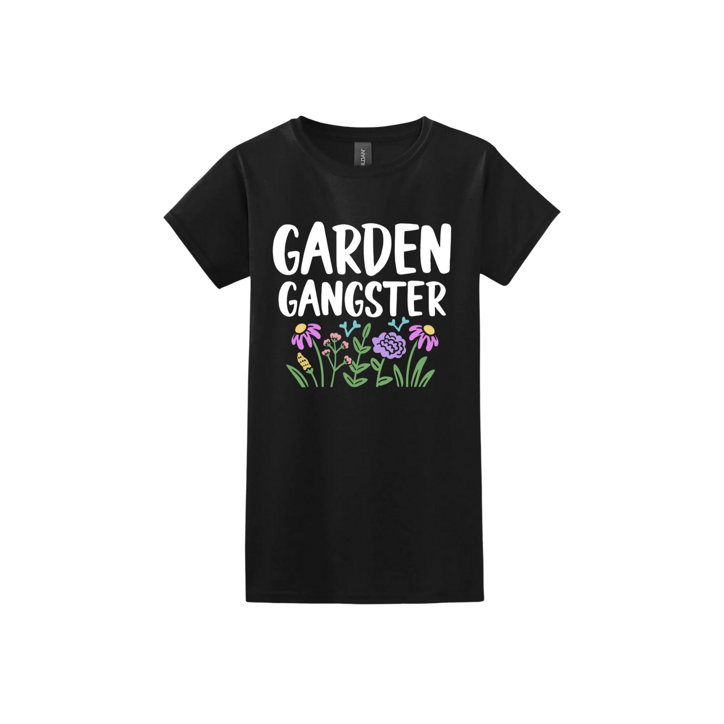 Black womens tshirt with white text reading 'Garden Gangster' with graphics of flowers underneath.