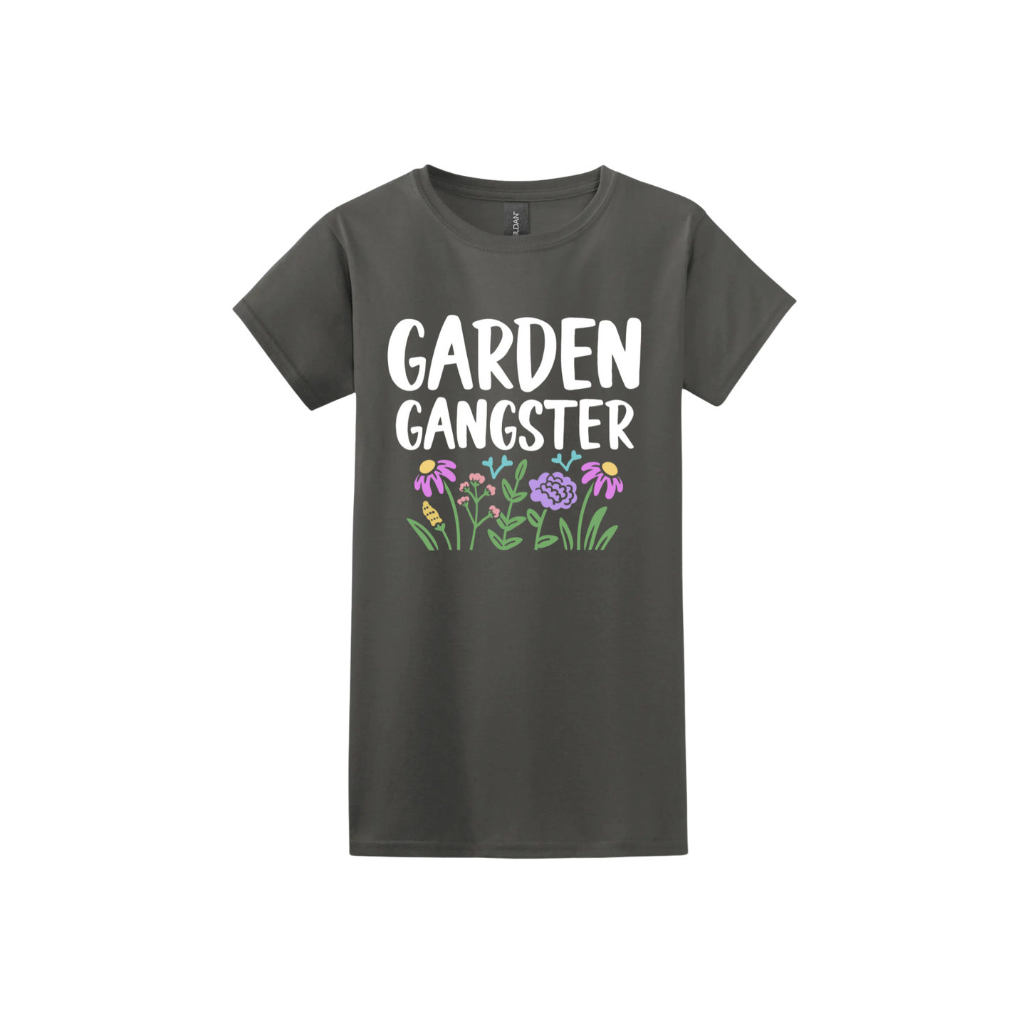 Charcoal womens tshirt with white text reading 'Garden Gangster' with graphics of flowers underneath.