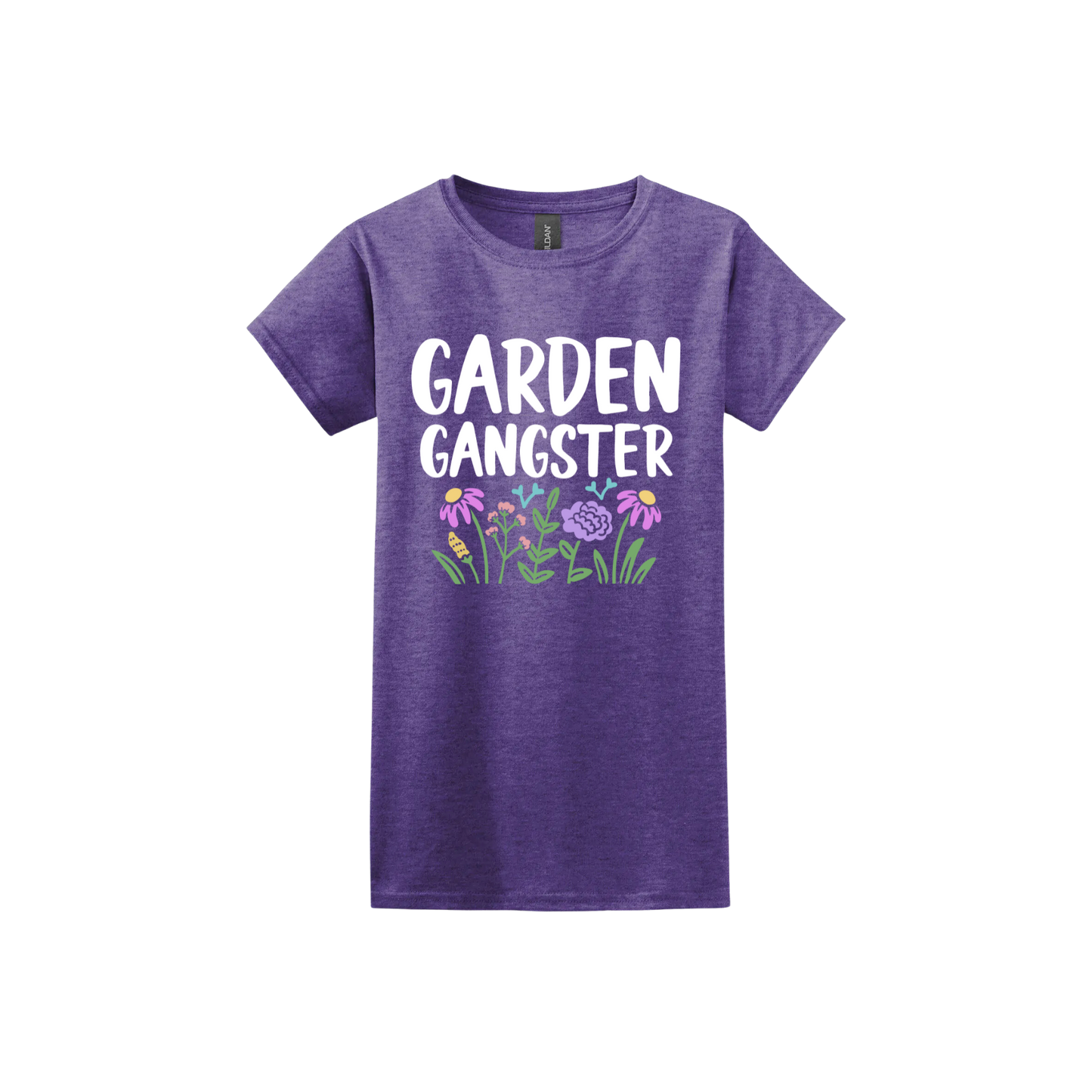 Heather purple womens tshirt with white text reading 'Garden Gangster' with graphics of flowers underneath.