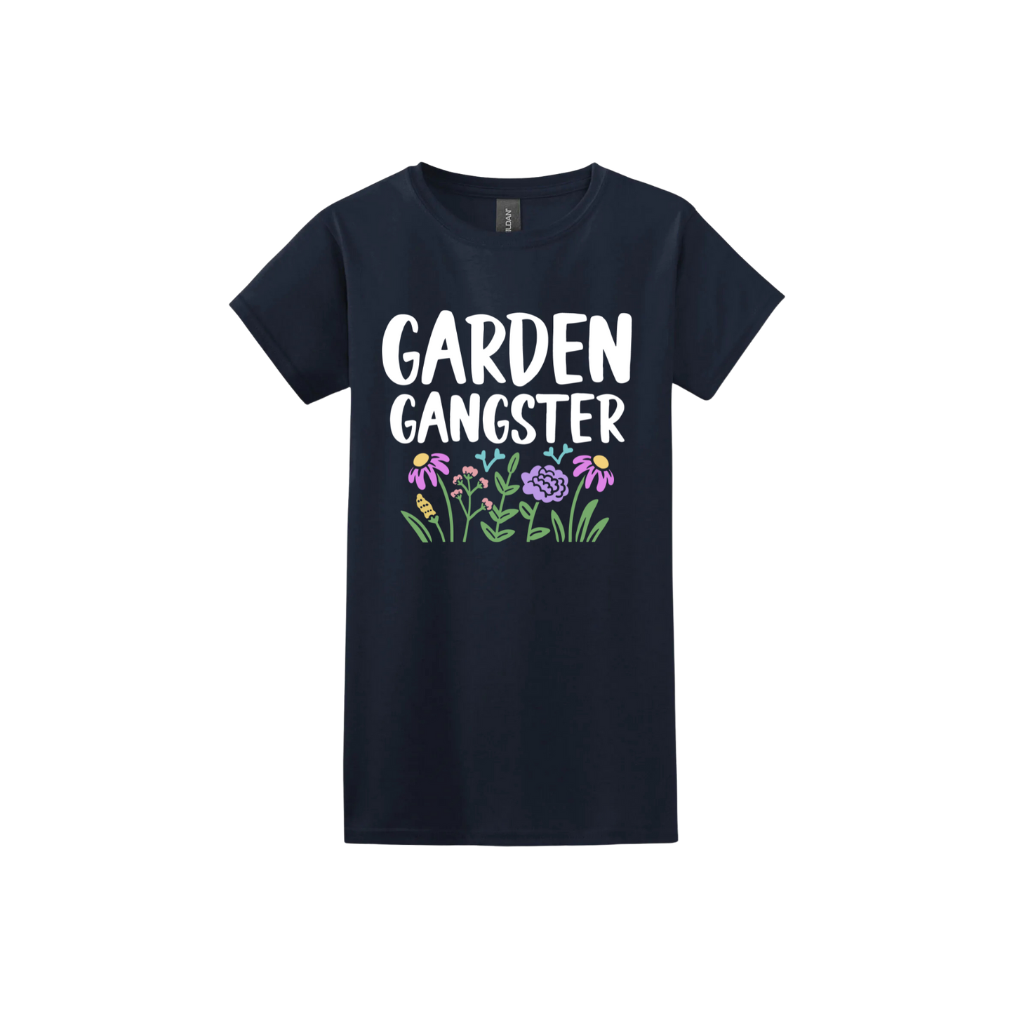 Navy womens tshirt with white text reading 'Garden Gangster' with graphics of flowers underneath.