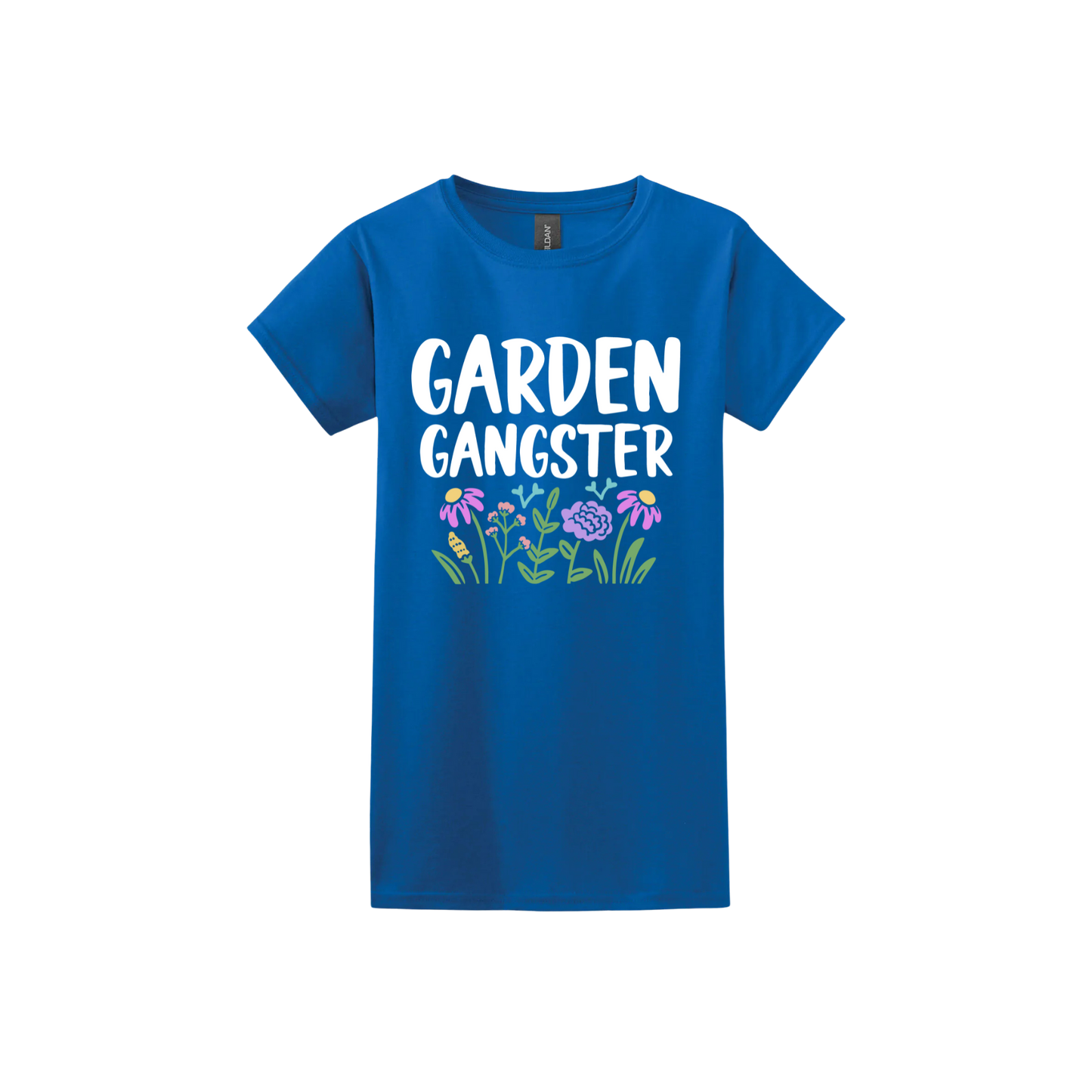 Royal blue womens tshirt with white text reading 'Garden Gangster' with graphics of flowers underneath.