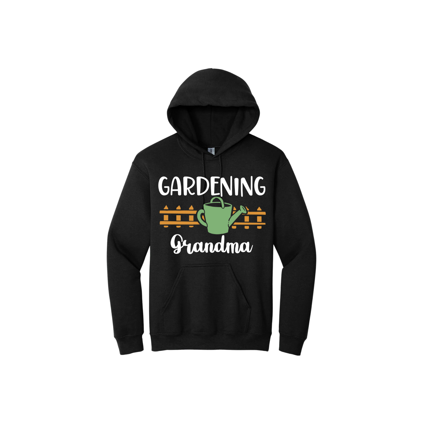 BLack unisex hoodie featuring white text reading 'Gardening Grandma' with graphics of a picket fence and a green watering can.