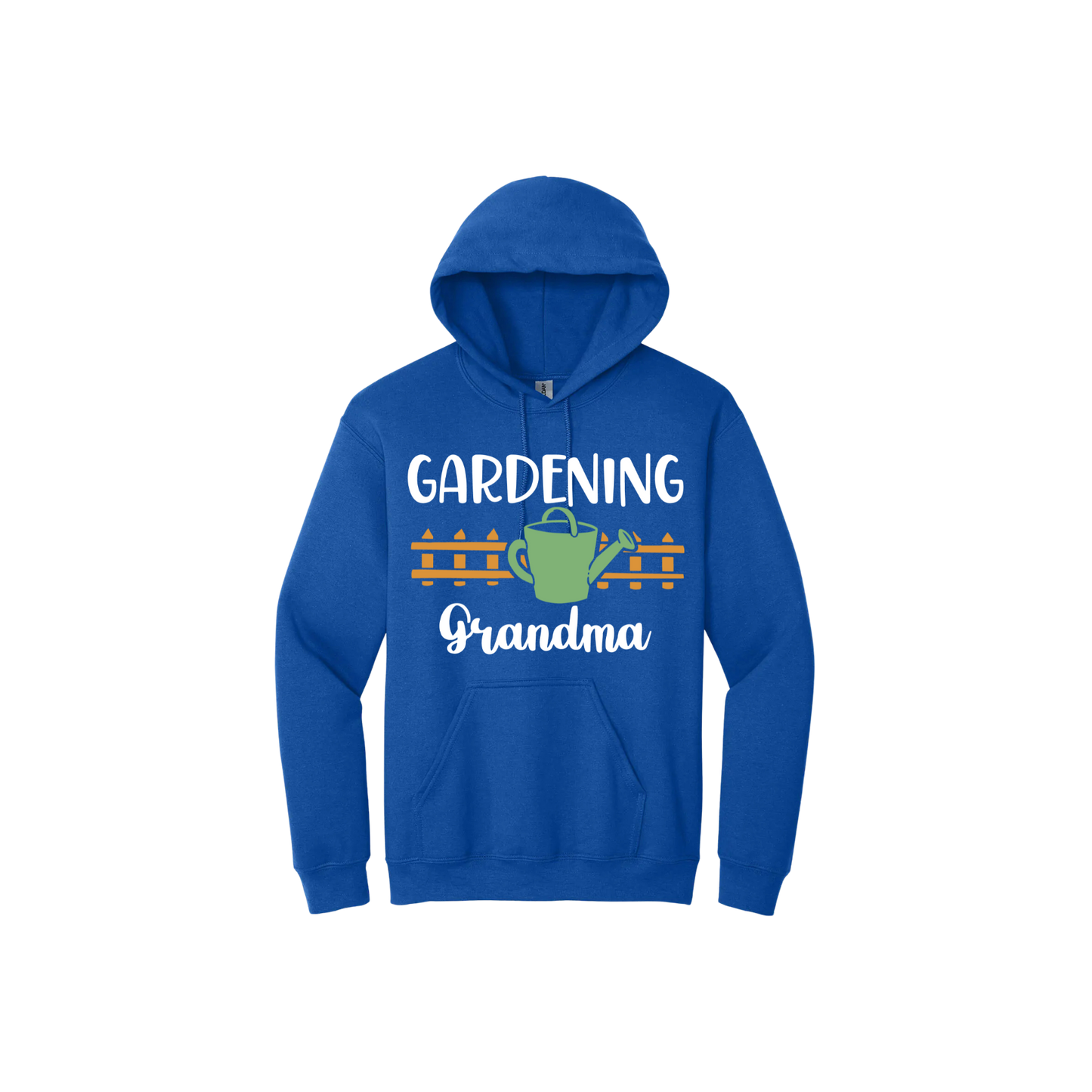 Blue unisex hoodie featuring white text reading 'Gardening Grandma' with graphics of a picket fence and a green watering can.
