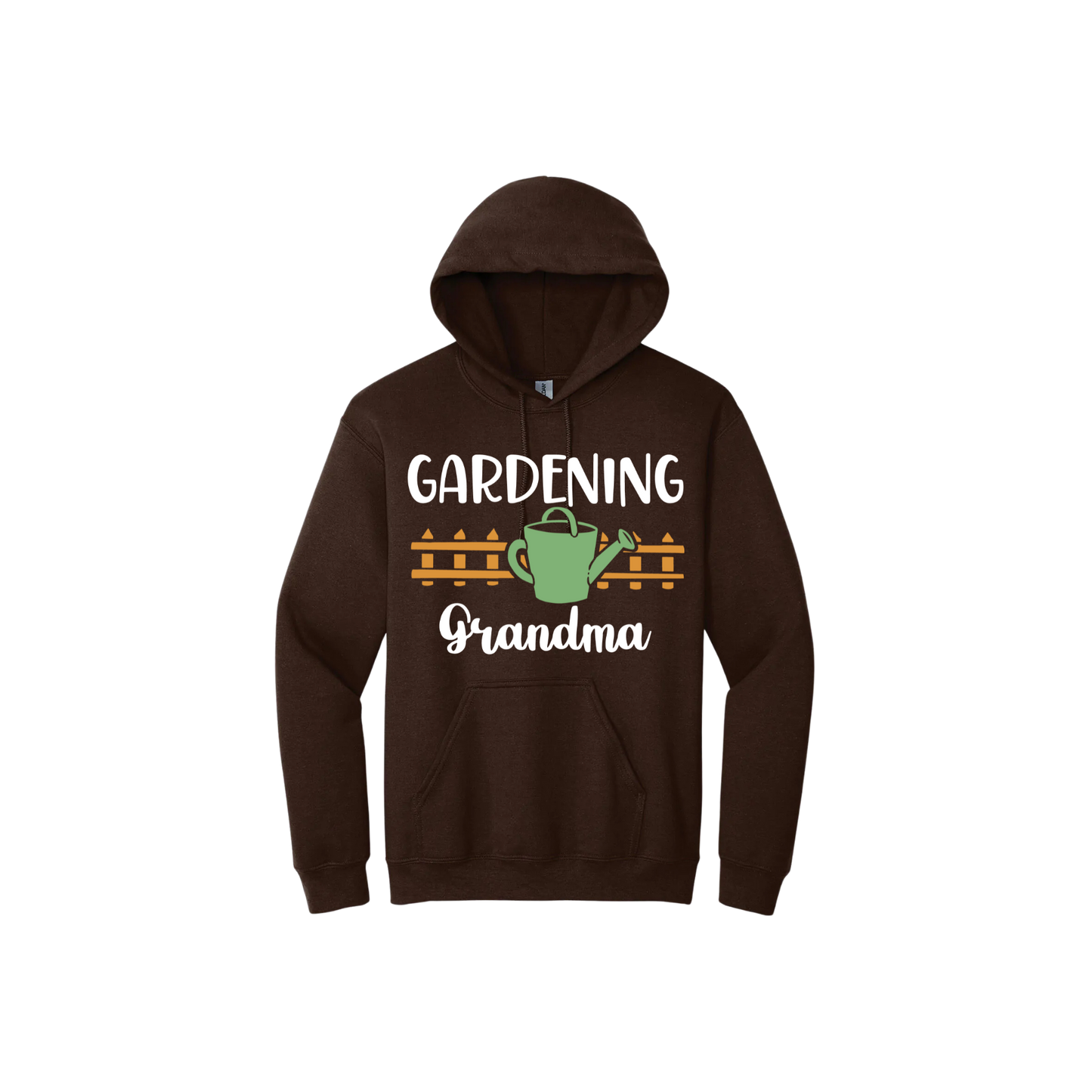 Brown unisex hoodie featuring white text reading 'Gardening Grandma' with graphics of a picket fence and a green watering can.