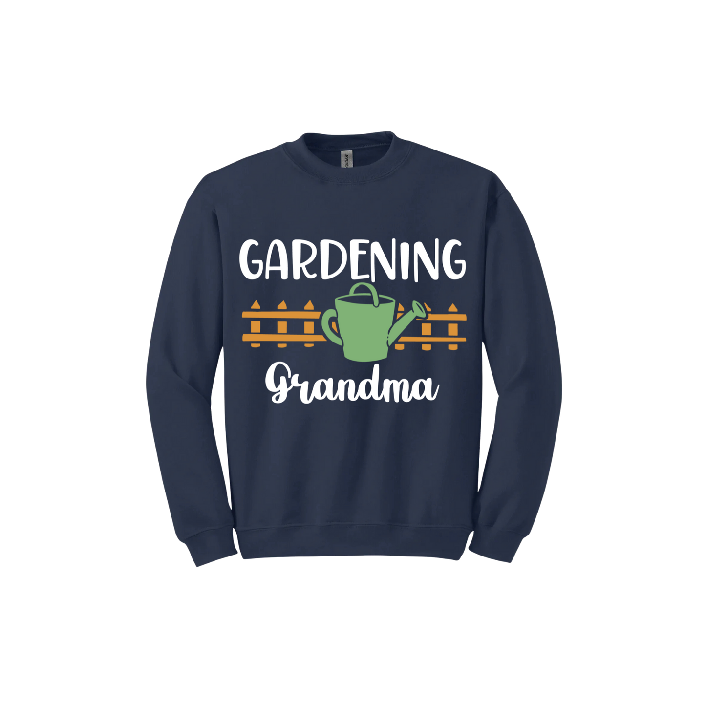 Navy unisex sweatshirt with white text reading 'Gardening Grandma' with graphics of a picket fence and a green watering can.