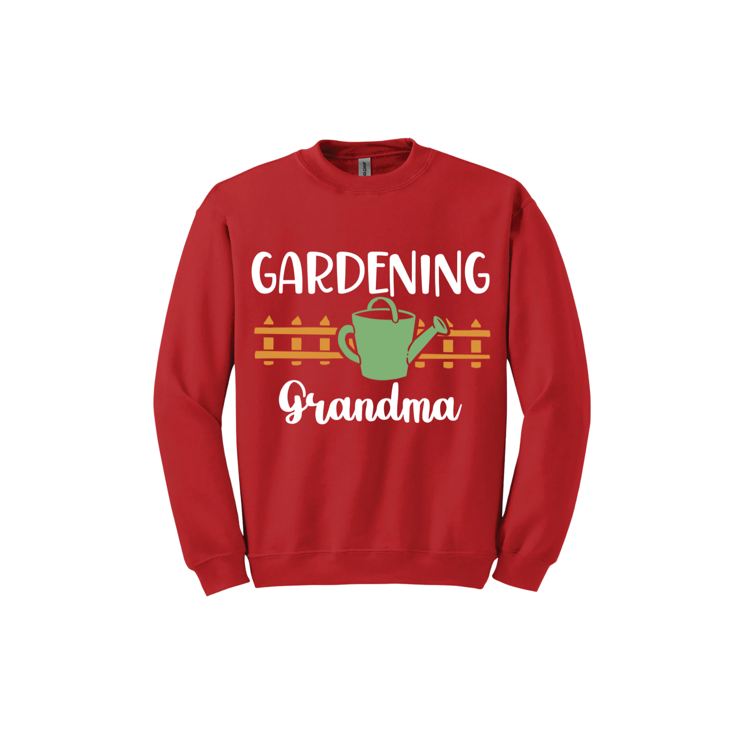 Red unisex sweatshirt with white text reading 'Gardening Grandma' with graphics of a picket fence and a green watering can.
