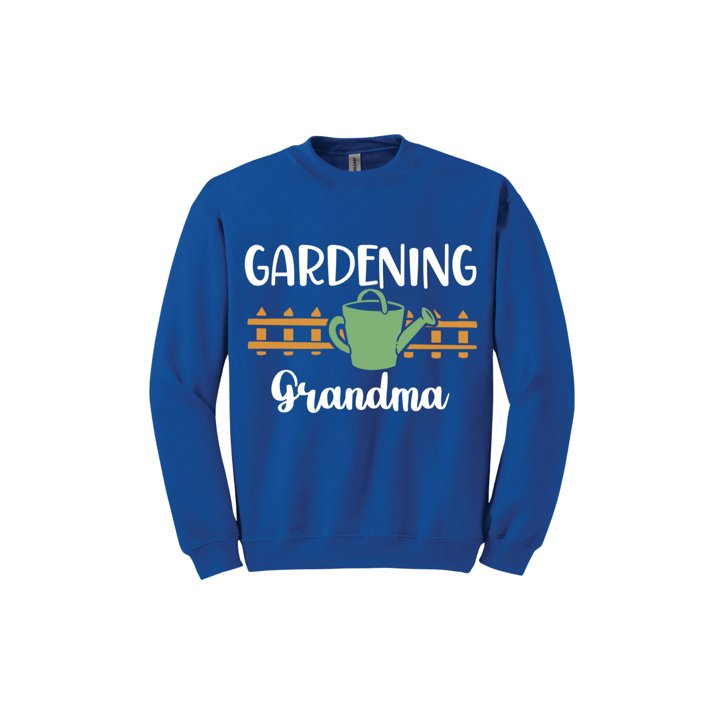 Royal blue unisex sweatshirt with white text reading 'Gardening Grandma' with graphics of a picket fence and a green watering can.