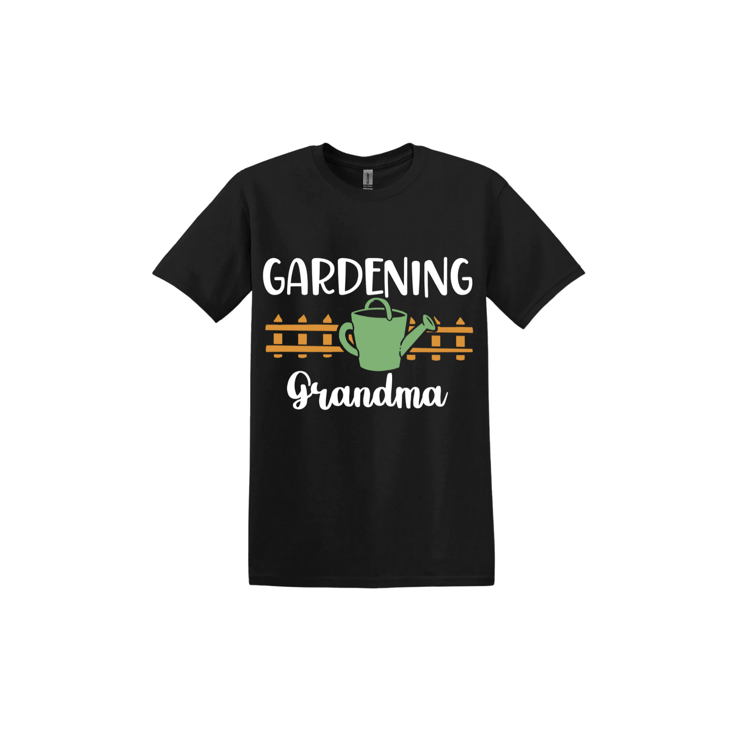 Black unisex tshirt with white text reading 'Gardening Grandma' with graphics of a picket fence and a green watering can.