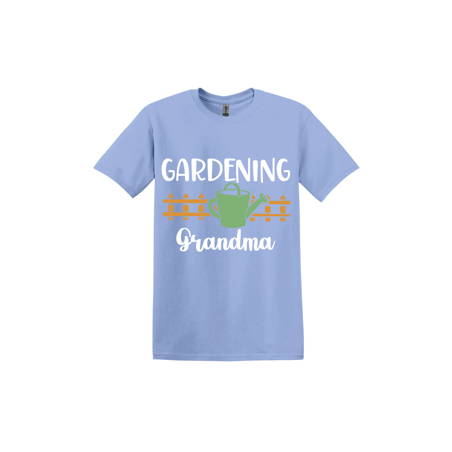 Carolina blue unisex tshirt with white text reading 'Gardening Grandma' with graphics of a picket fence and a green watering can.