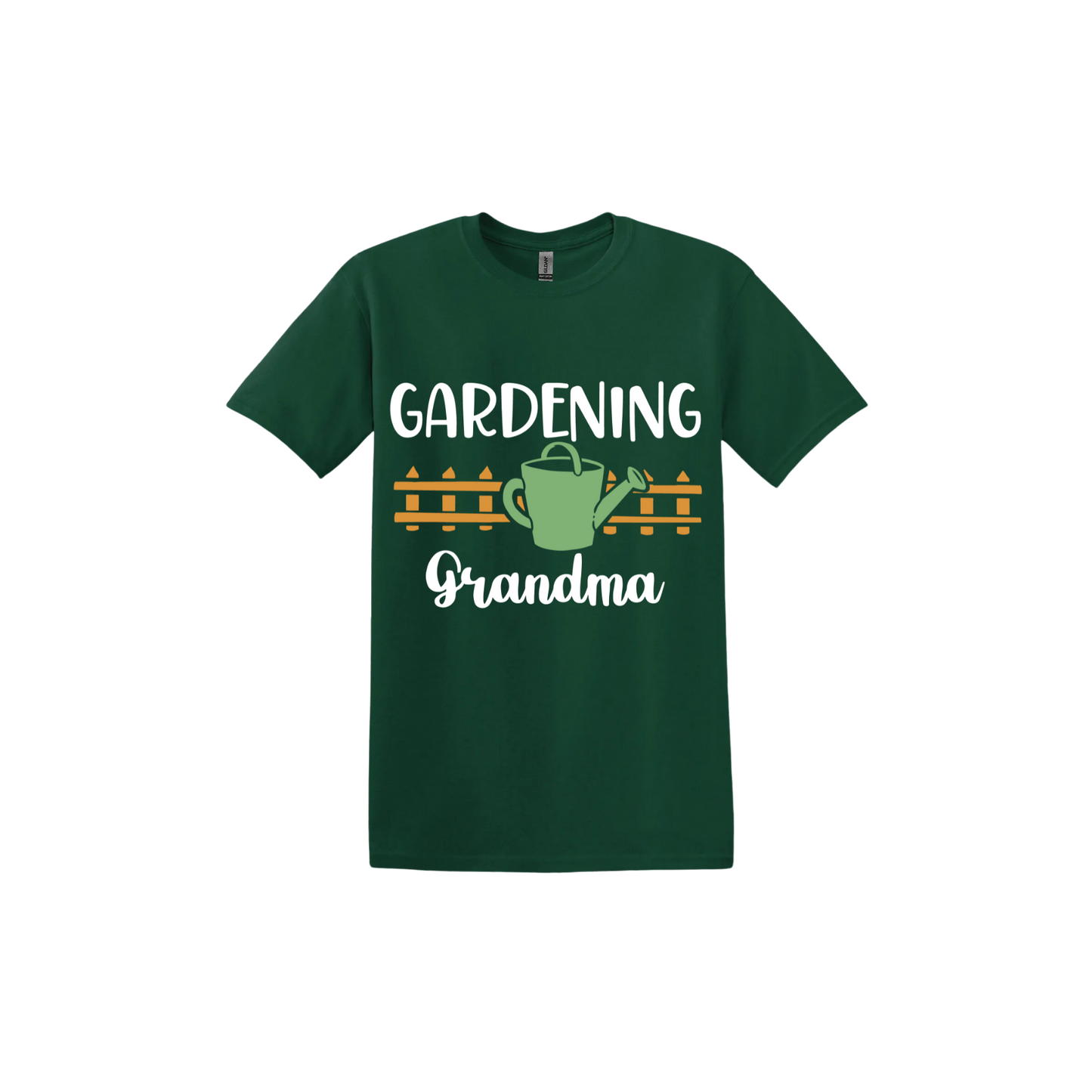 Forest green unisex tshirt with white text reading 'Gardening Grandma' with graphics of a picket fence and a green watering can.