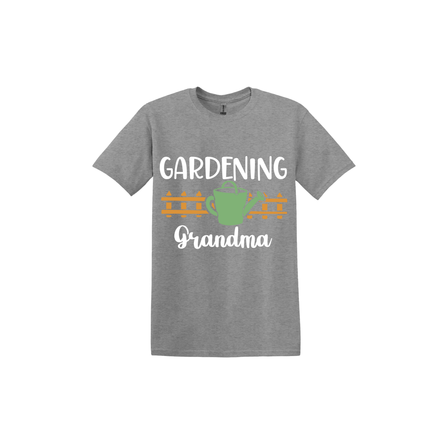 Graphite unisex tshirt with white text reading 'Gardening Grandma' with graphics of a picket fence and a green watering can.