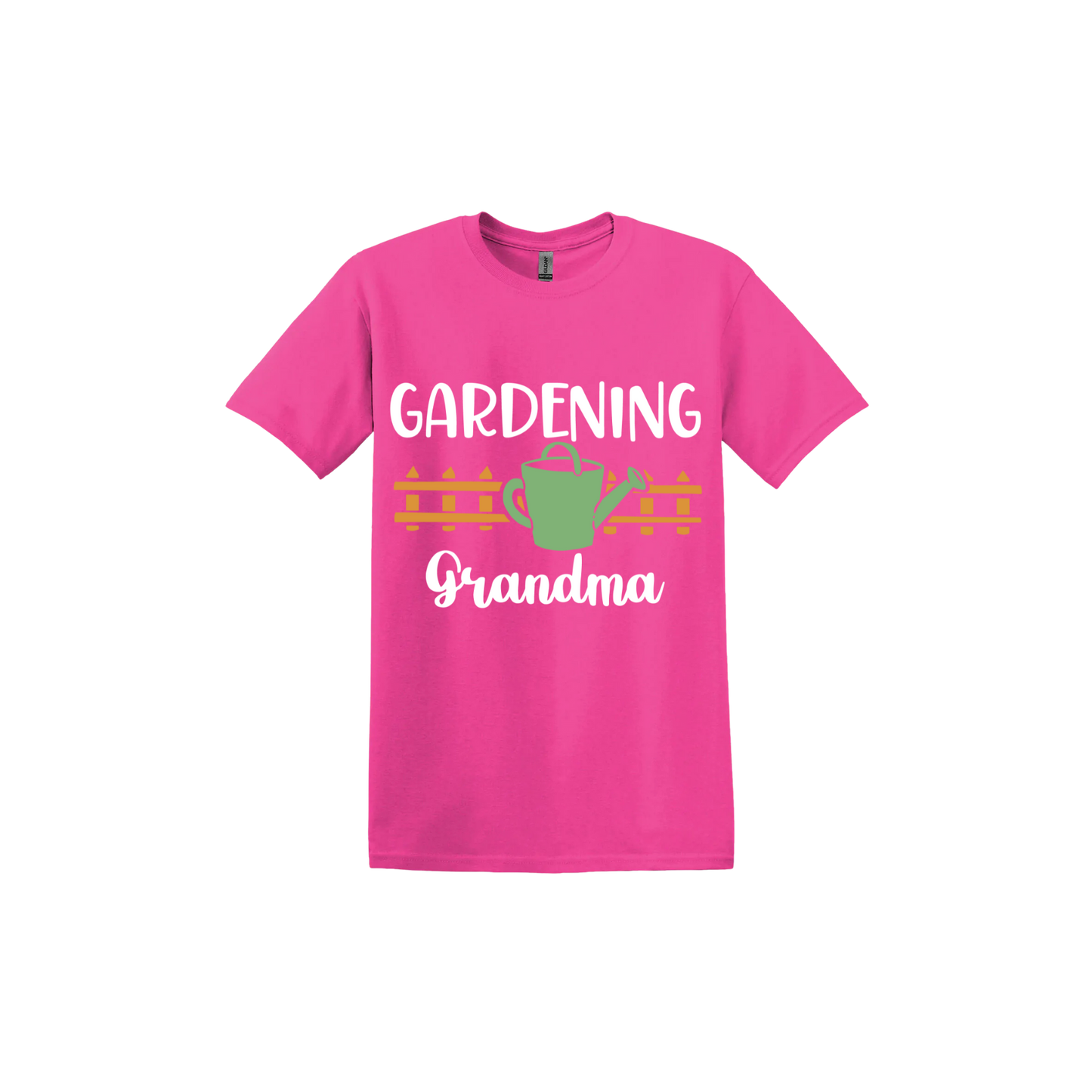 Heliconia unisex tshirt with white text reading 'Gardening Grandma' with graphics of a picket fence and a green watering can.