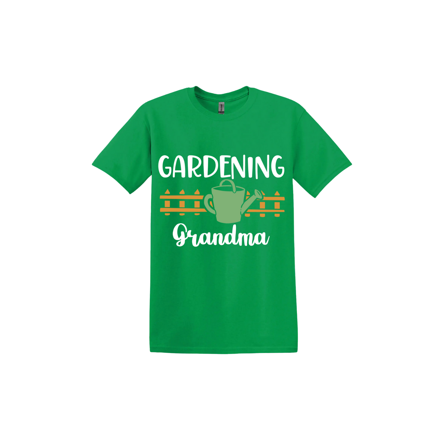 Irish green unisex tshirt with white text reading 'Gardening Grandma' with graphics of a picket fence and a green watering can.