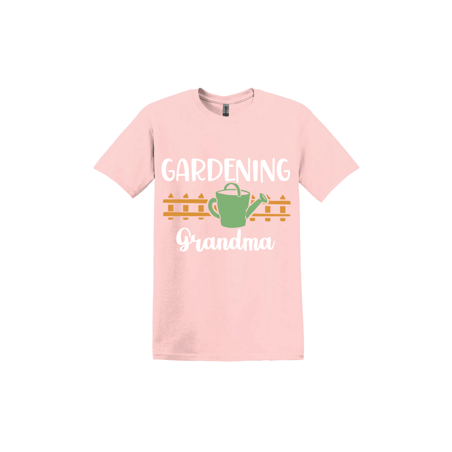 Light pink unisex tshirt with white text reading 'Gardening Grandma' with graphics of a picket fence and a green watering can.