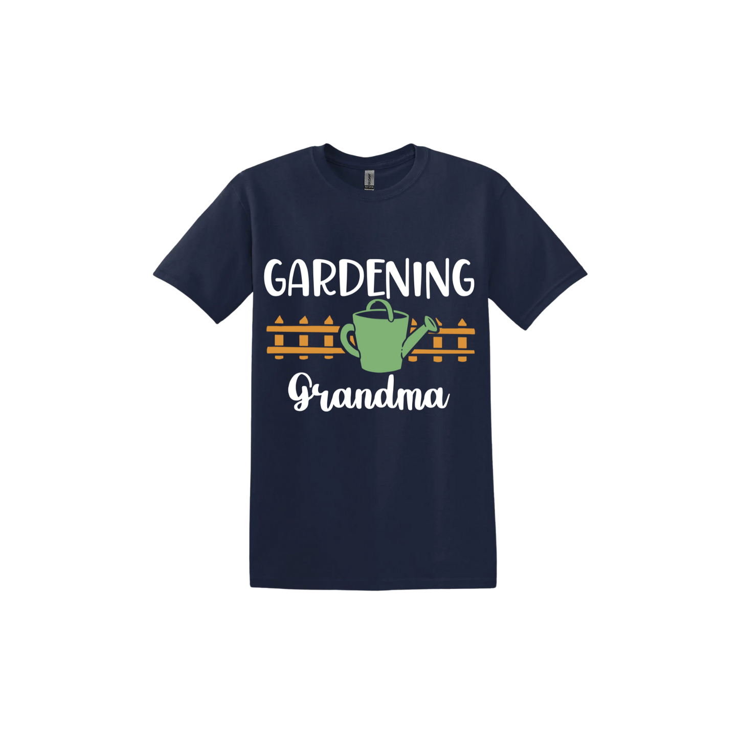 Navy unisex tshirt with white text reading 'Gardening Grandma' with graphics of a picket fence and a green watering can.