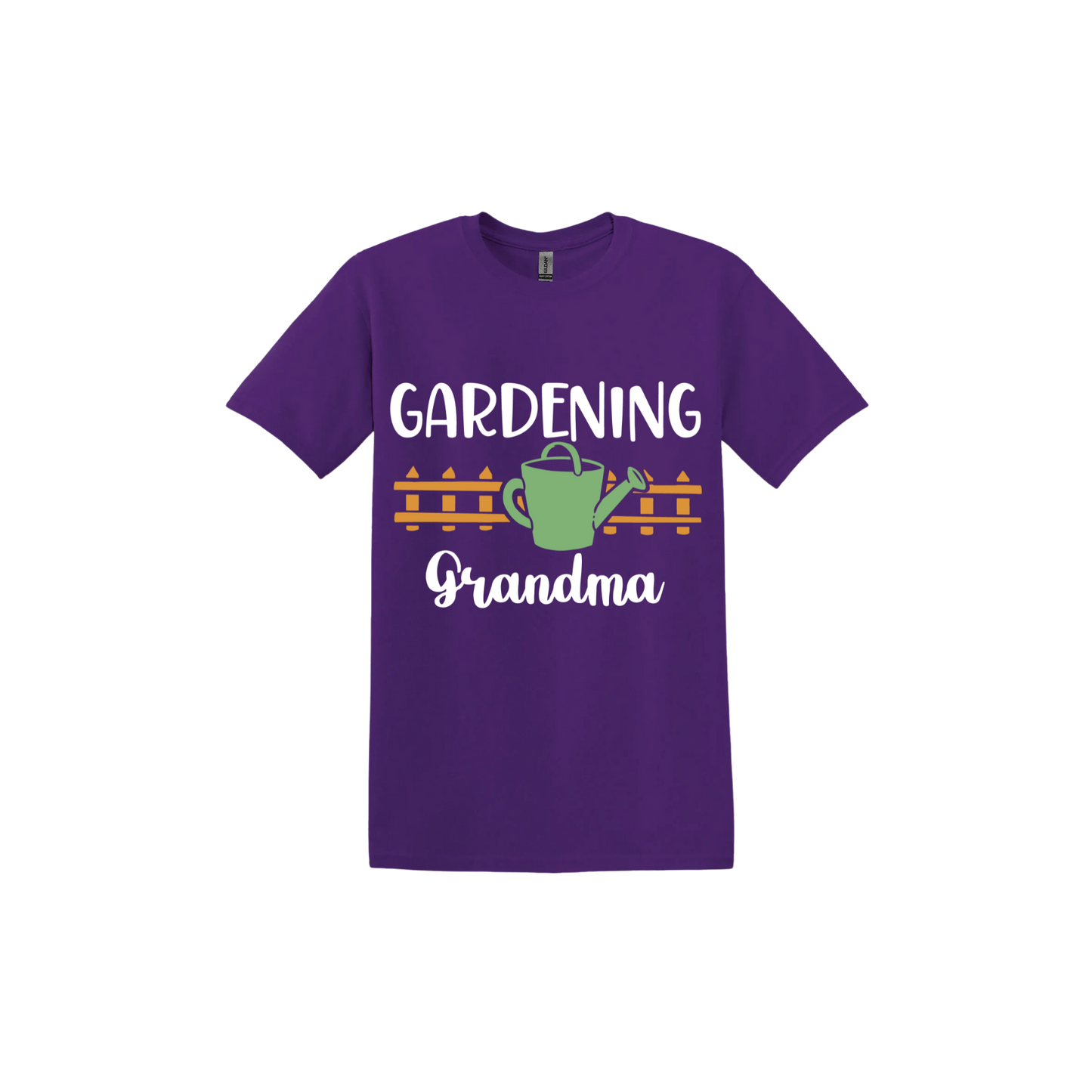 Purple unisex tshirt with white text reading 'Gardening Grandma' with graphics of a picket fence and a green watering can.