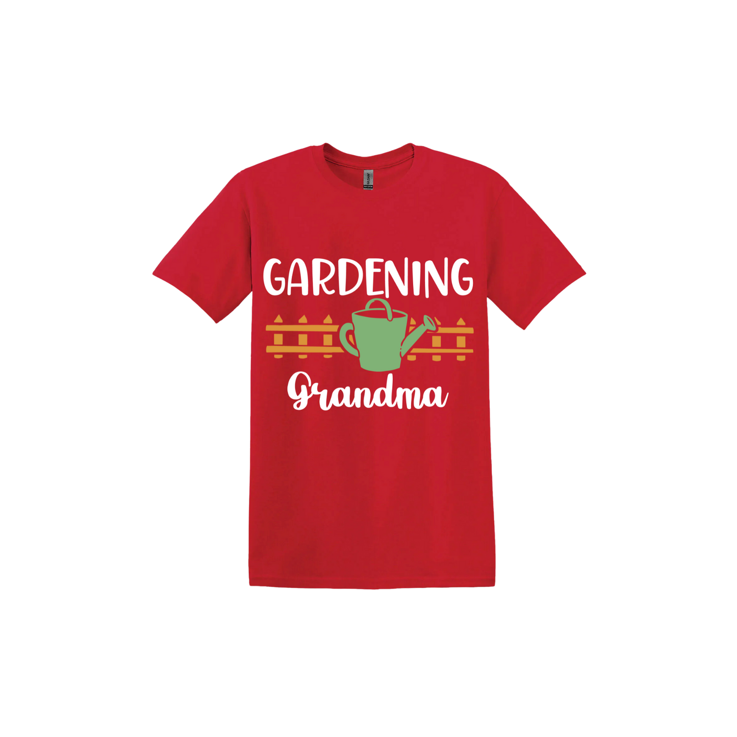 Red unisex tshirt with white text reading 'Gardening Grandma' with graphics of a picket fence and a green watering can.