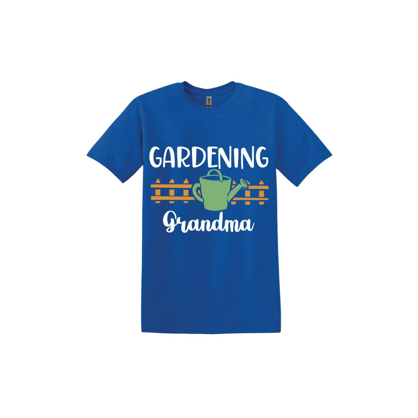 Royal blue unisex tshirt with white text reading 'Gardening Grandma' with graphics of a picket fence and a green watering can.