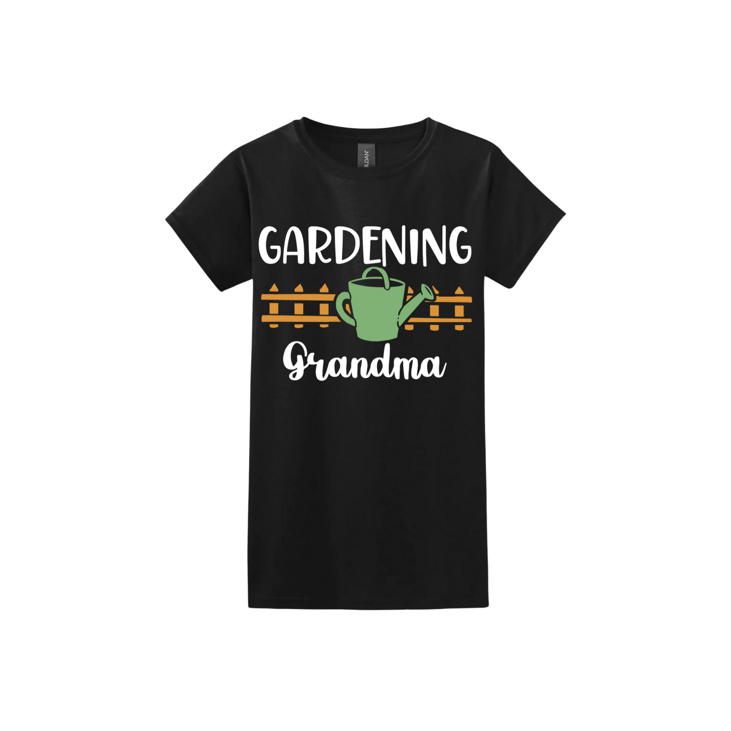 Black womens tshirt with white text reading 'Gardening Grandma' with graphics of a picket fence and a green watering can.