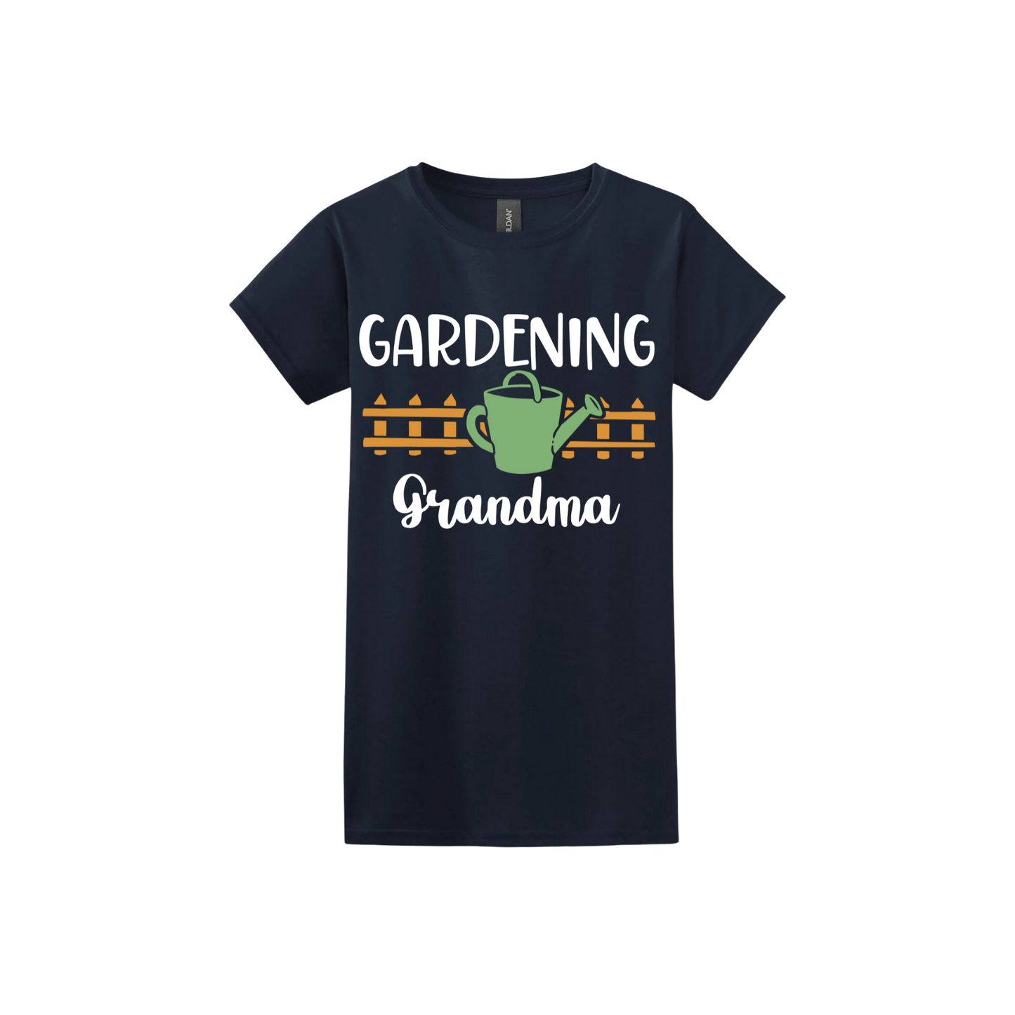 Navy womens tshirt with white text reading 'Gardening Grandma' with graphics of a picket fence and a green watering can.