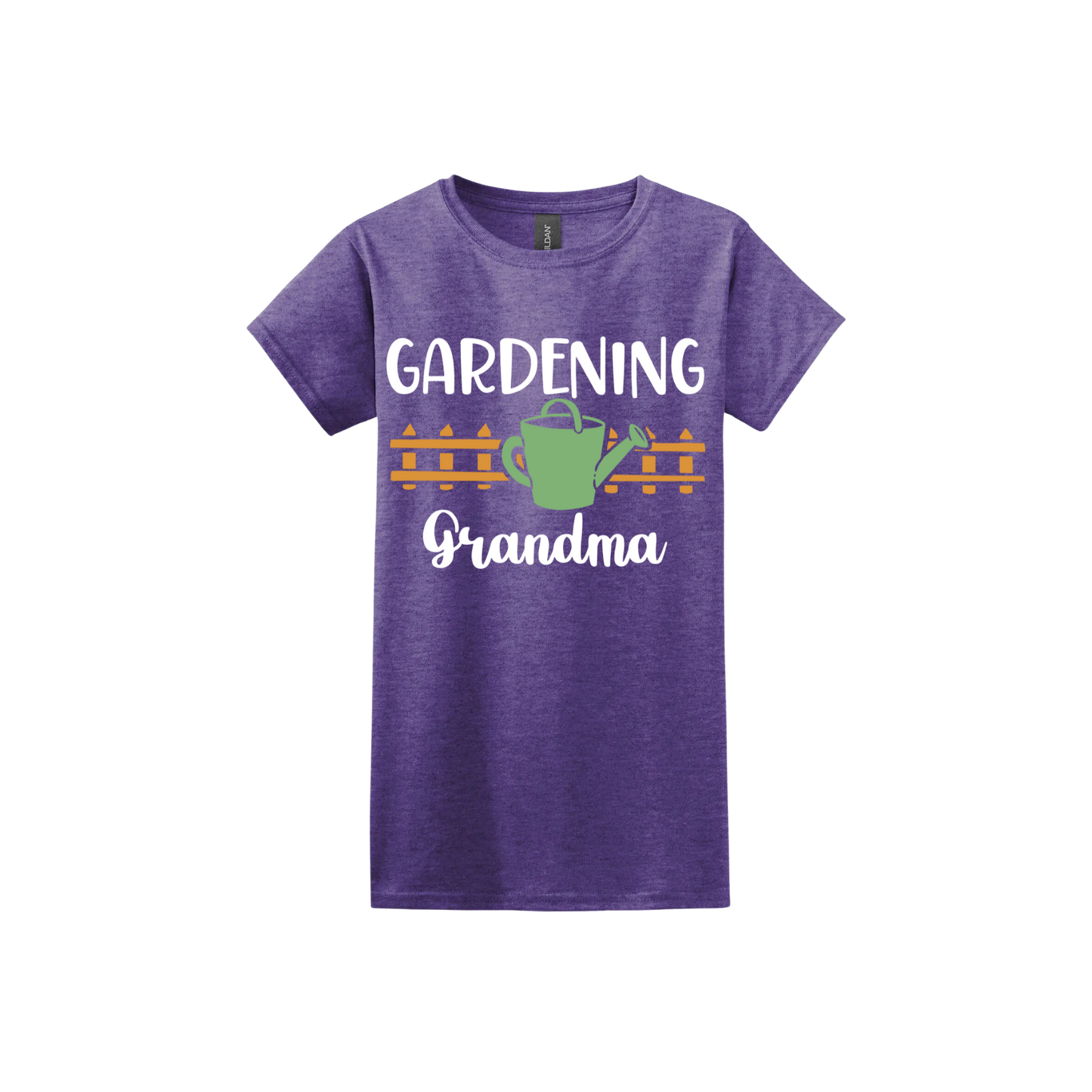 Purple womens tshirt with white text reading 'Gardening Grandma' with graphics of a picket fence and a green watering can.