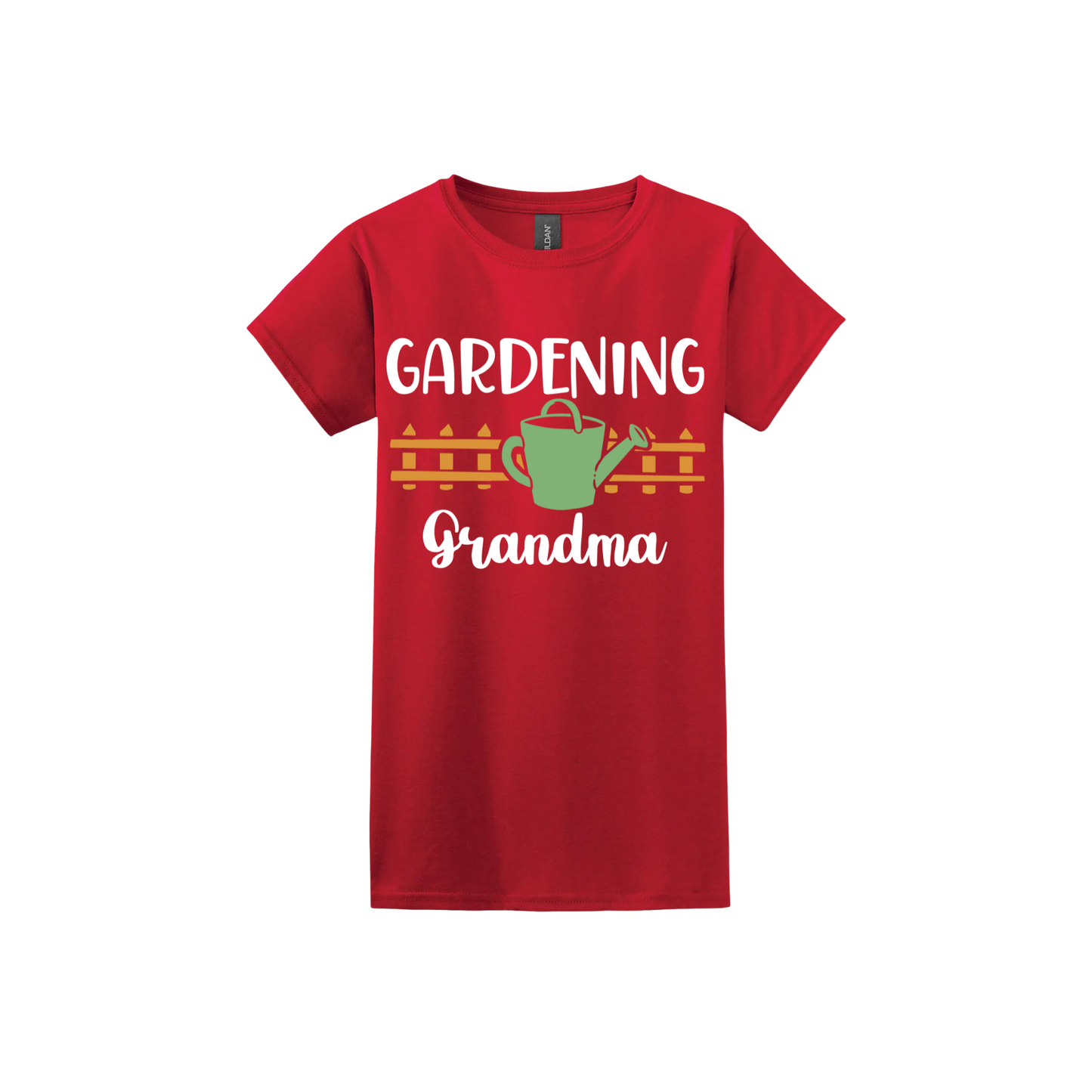 Red womens tshirt with white text reading 'Gardening Grandma' with graphics of a picket fence and a green watering can.