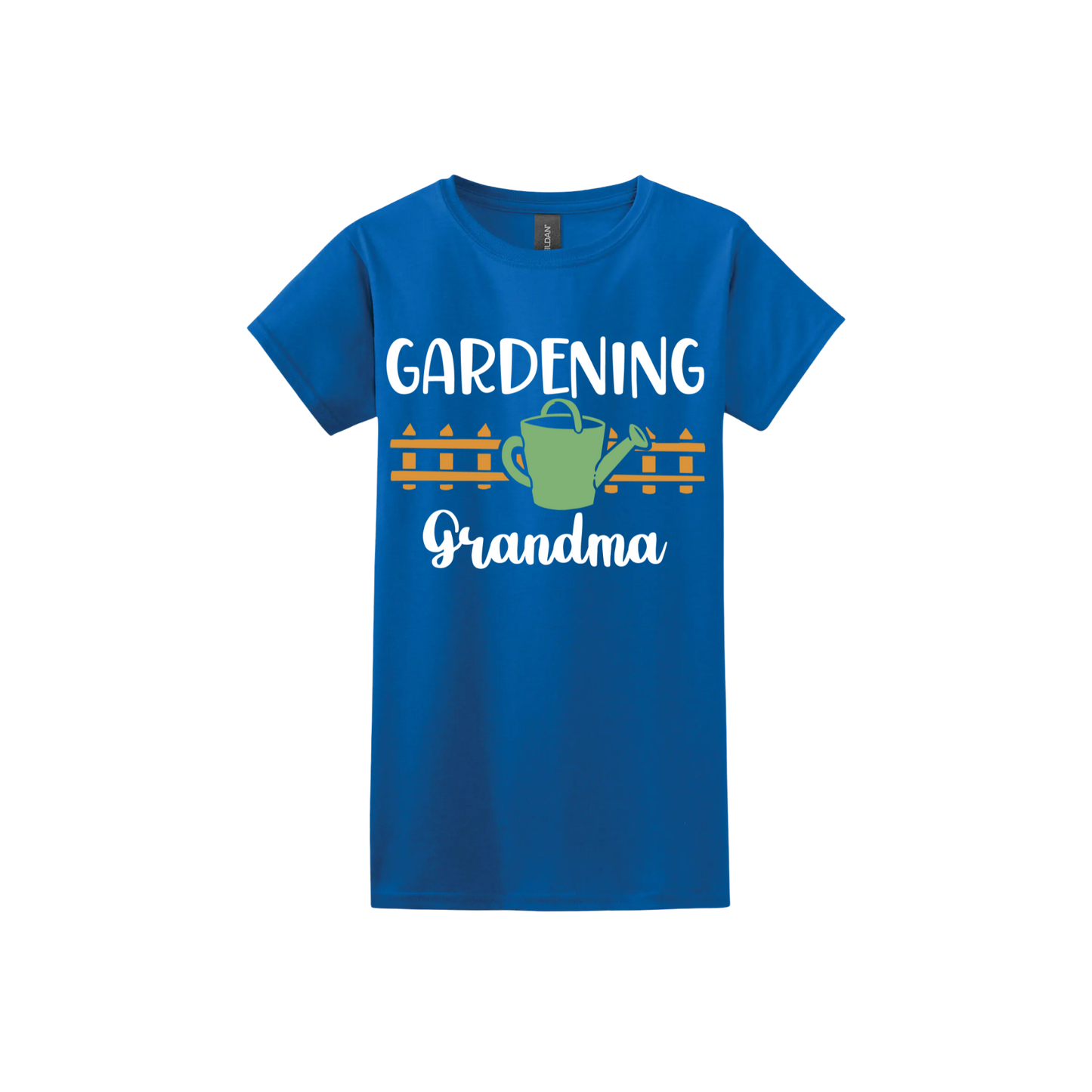 Royal blue womens tshirt with white text reading 'Gardening Grandma' with graphics of a picket fence and a green watering can.
