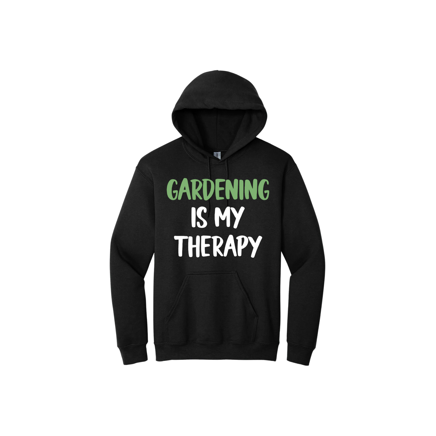 Black unisex hoodie with white and green text that reads 'Gardening Is My Therapy' in the center.