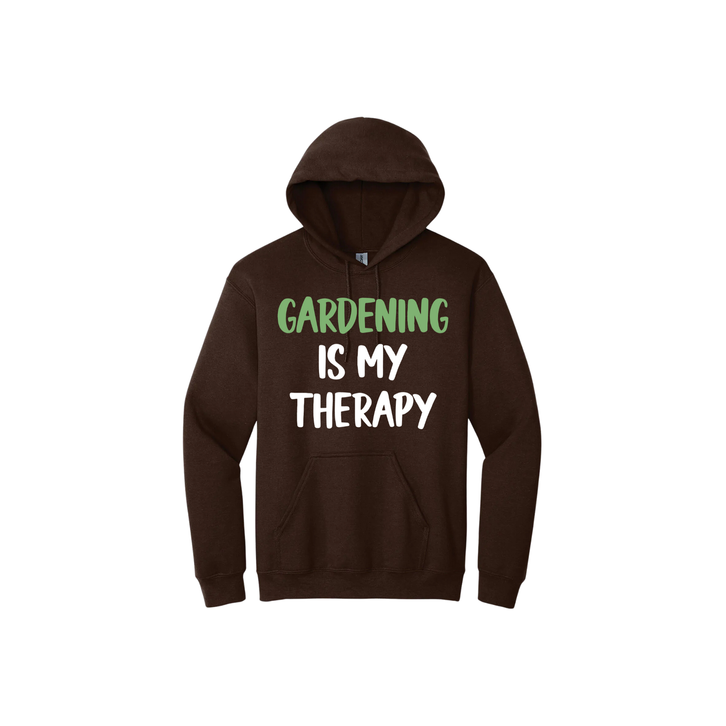 Brown unisex hoodie with white and green text that reads 'Gardening Is My Therapy' in the center.