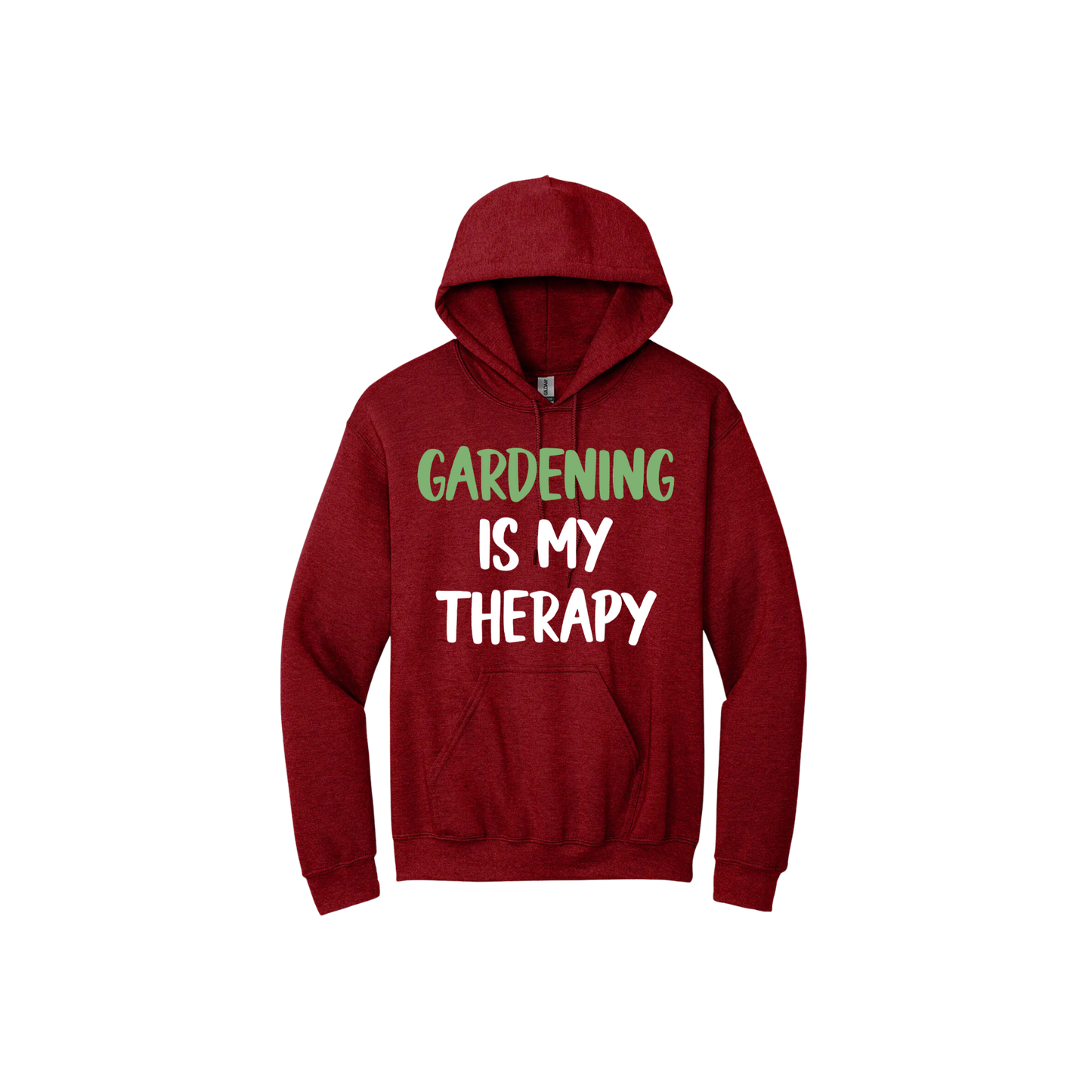 Cherry red unisex hoodie with white and green text that reads 'Gardening Is My Therapy' in the center.