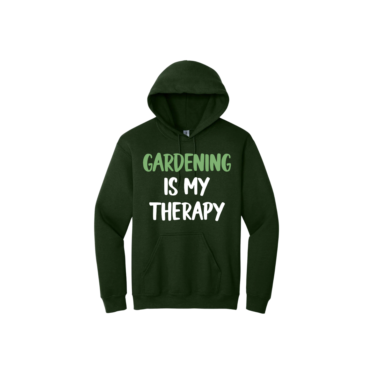 Green unisex hoodie with white and green text that reads 'Gardening Is My Therapy' in the center.