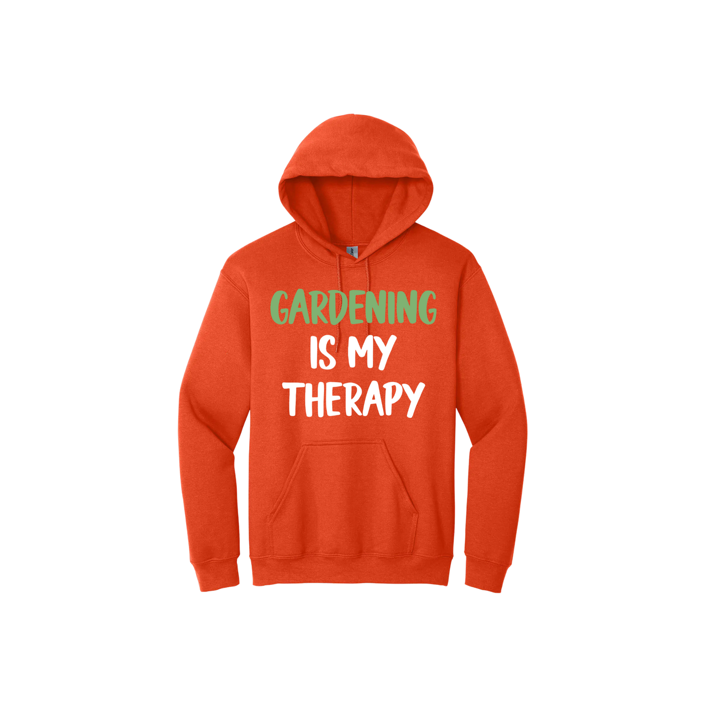 Orange unisex hoodie with white and green text that reads 'Gardening Is My Therapy' in the center.